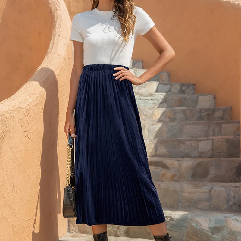 

Casual High Waist Velvet Leisure Pleated Skirts Vintage Pleated Ankle Length Women Skirt