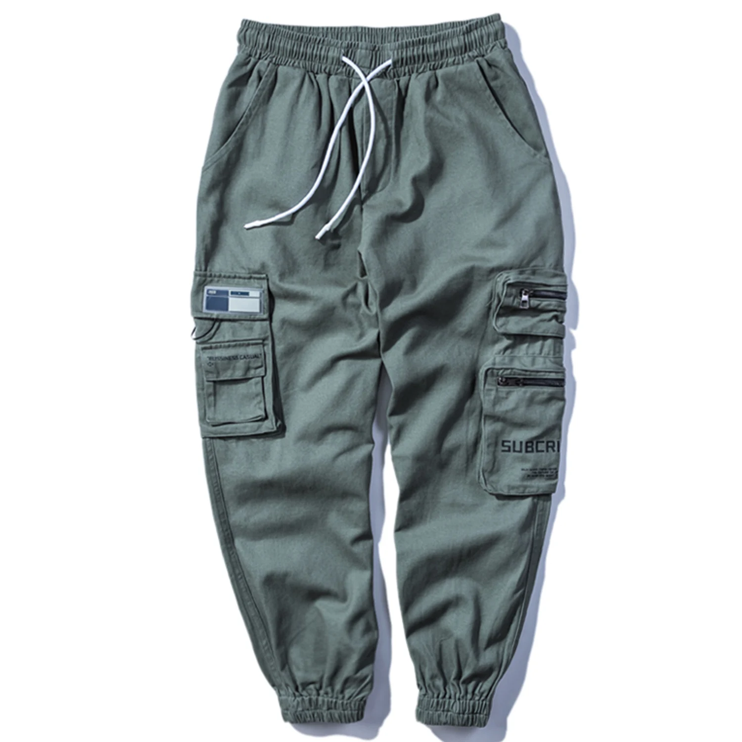 

LACIBLE Male Patchwork Zipper Pockets Letter Printed Cargo Pants Mens Hip Hop Streetwear Casual Trousers Joggers Elastic Waist