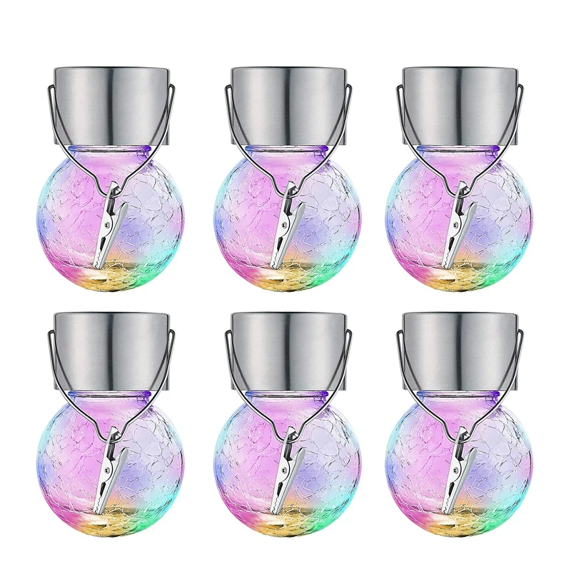 

6Pack Hanging Outdoor Decorative Solar Powered Lanterns Cracked Glass Ball Ligh For Garden Fence Tree(Color)