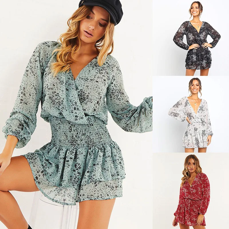 Женское шифоновое платье с цветочным принтом платье-трапеция оборками V-образным