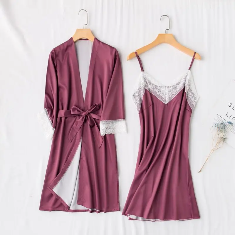 

Sexy Womens Robe & Gown Sets Lace Bathrobe + Nightdress 2 Two Pieces Sleepwear Womens Sleep Set Faux Silk Robe Femme Lingerie