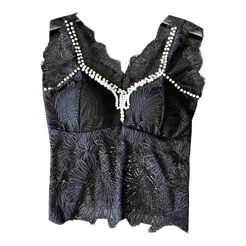 

2020 Summer New Pearl Beaded Hollow Lace Camisole Sling Top Sexy Ladies Women Vest Chest Pad Bralette Tank Tube Tops