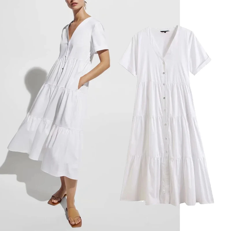 

BTB.WO Za 2021 Ruffle White Dress Woman Summer Ruched Puff Sleeve Midi Dresses Fashion Loose Casual Dresses