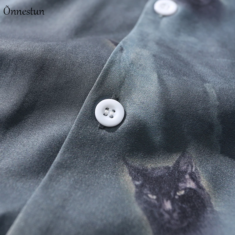 

Onnestun Hip Hop Short Sleeve Shirt Men Street Hawaii Beach Oversize Men's Clothing Fashion Harujuku Cat Print Shirts Men