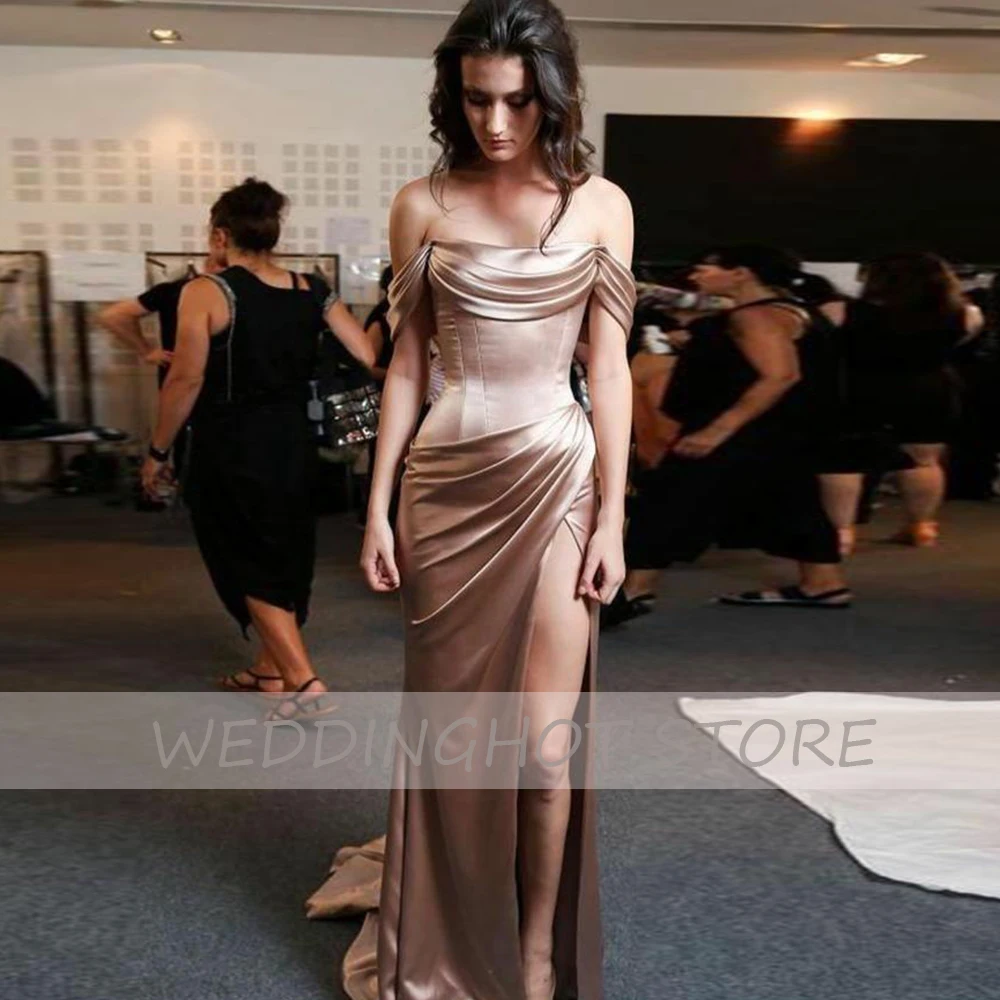 

Mermaid Brown Evening Dresses Long 2021 Off the Shoulder Slit Simple Prom Gowns ​Sexy Elegant Shirred Satin Vestidos De Fiesta