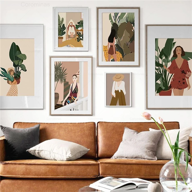

Vintage Girl Plant Leaf Wall Art Canvas Painting Fashion Abstract Nordic Posters and Prints Wall Pictures for Living Room Decor