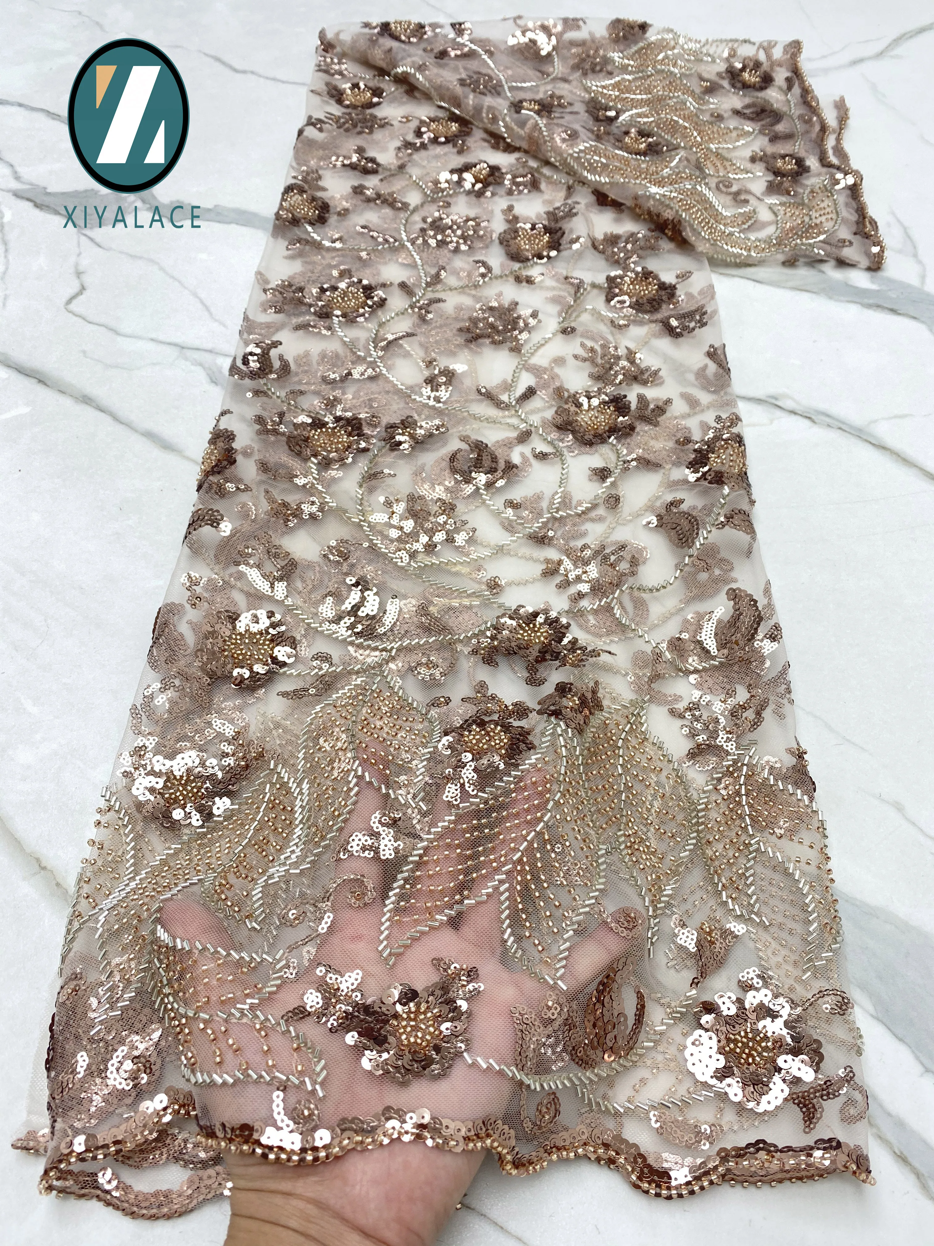 

High Quality Blue Handmade Groom Beaded African Mesh Nigerian 5yards lace Fabric for Bride Wedding for Dress Woman Fabric 4551B