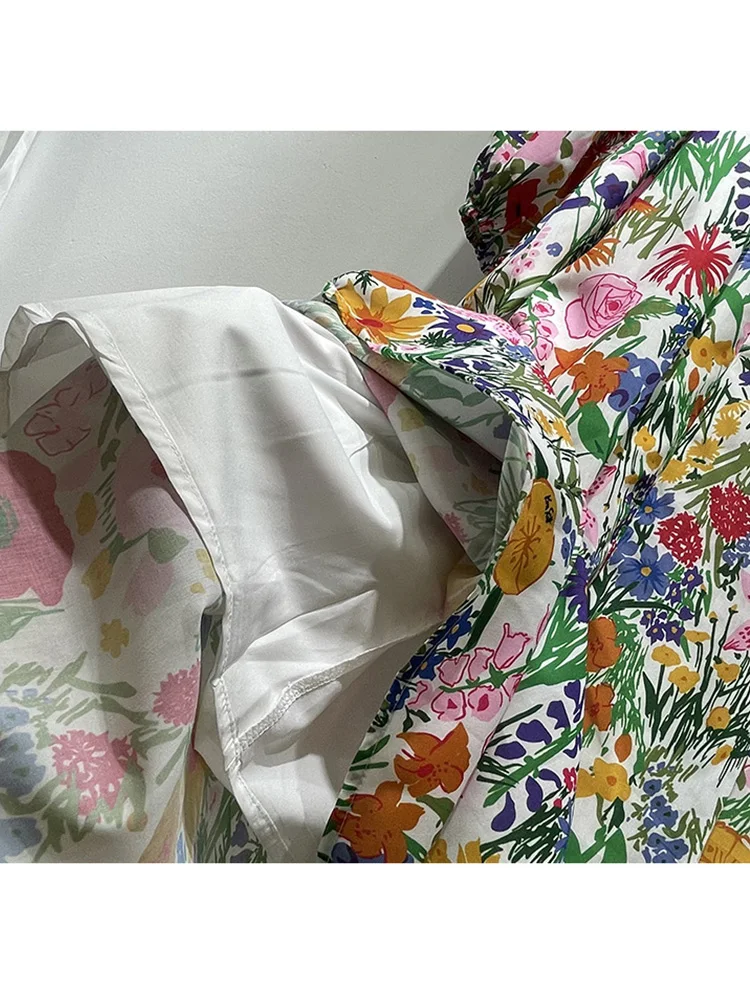 

Retro print round neck single-breasted belted waist loose loose dress ladies spring new fashion temperament rural style