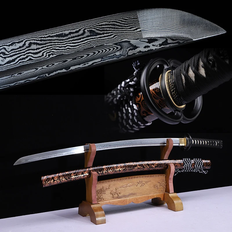 

Japanese Katanas Patterned Steel Oil Quenched Blade Razor Sharp Wooden Scabbard Warrior Swords Handmade Catana