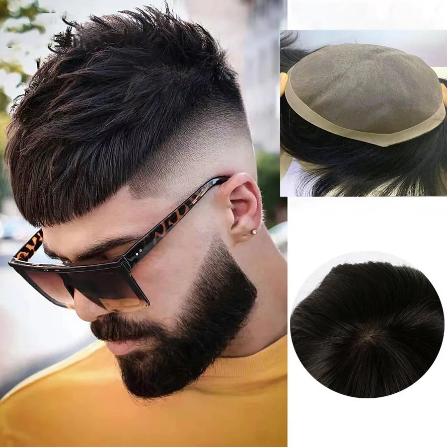 HairPiece Wig Men Toupee Human Hair Wig Natural Handmade Mens Toupee Fine Mono PU Replacement Systems Natural Straight Black