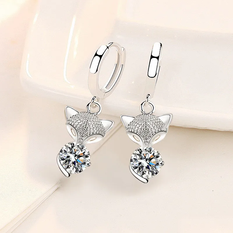 Women's Fashion Cute Animal Design Drop Earrings Small Cool Huggies with Fox Pendants - High-Quality Zirconia Crystal Charming Earrings image 4