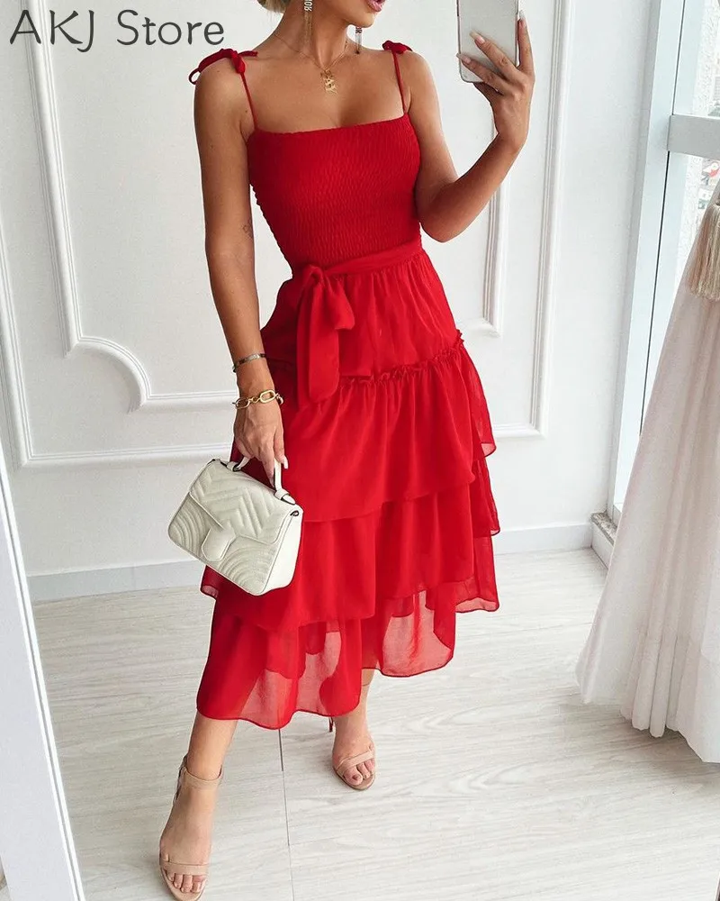

Women Summer Dress Spaghetti Strap Tied Detail Shirring Layered Ruffles Dress