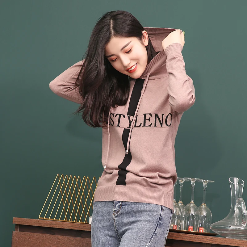 

Spring autumn hooded sweater pullover women 2021 loose knit sweater knitted pullover hooded top Korean casual wild wool sweater