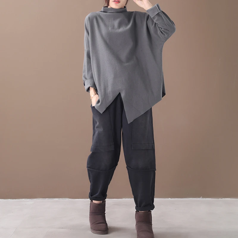 CHICEVER Корейская свободная Асимметричная футболка для женщин водолазка с длинным