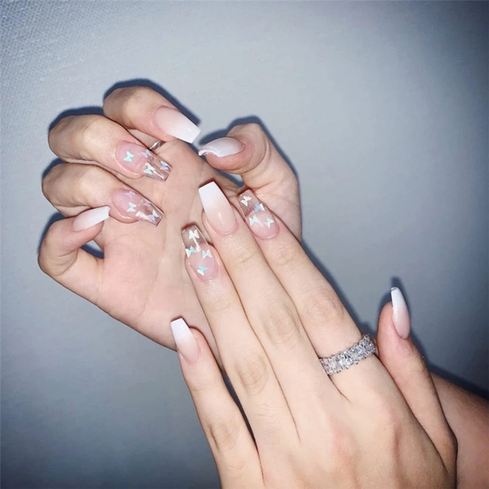 24 шт розовые бабочки накладные ногти балерина длинный французские квадратные