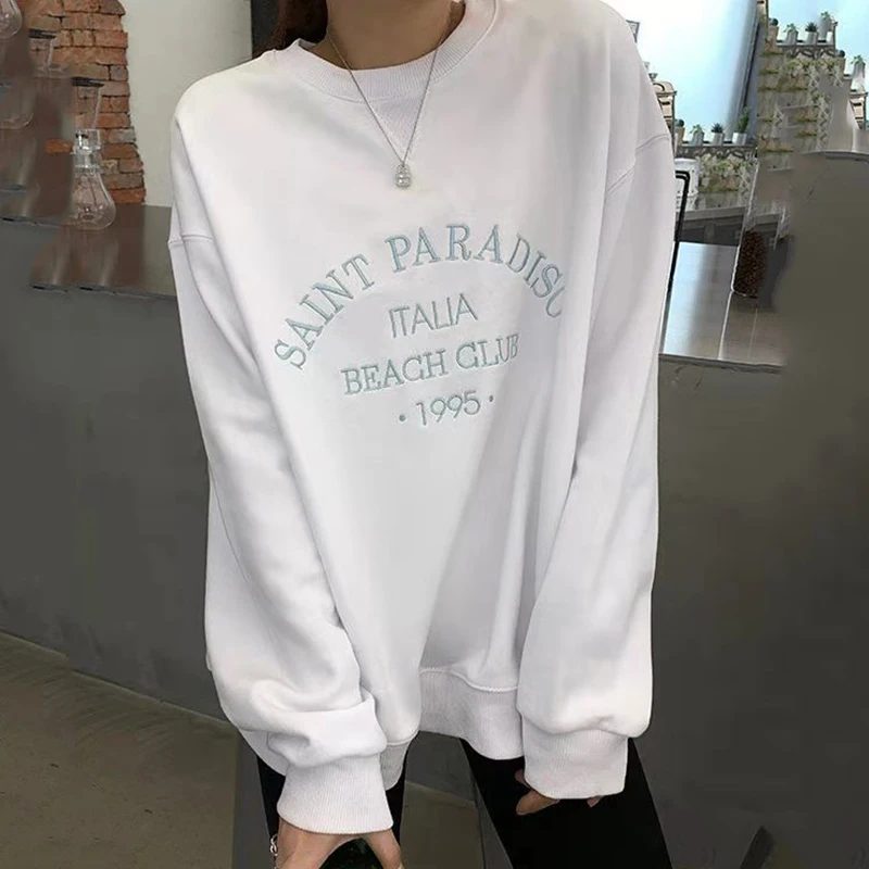 

White Letter Printing Sweatshirt Women Brand Design Long Sleeve Loose Pullover Vintage Hoodies Women Fall Winter French Fashion
