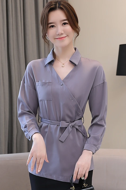 

Houthion New Chiffon Long-sleeved Women's Blouse V-neck Solid Color 2021 Korean Tops Slim Comfortable Fashion Casual Shirt