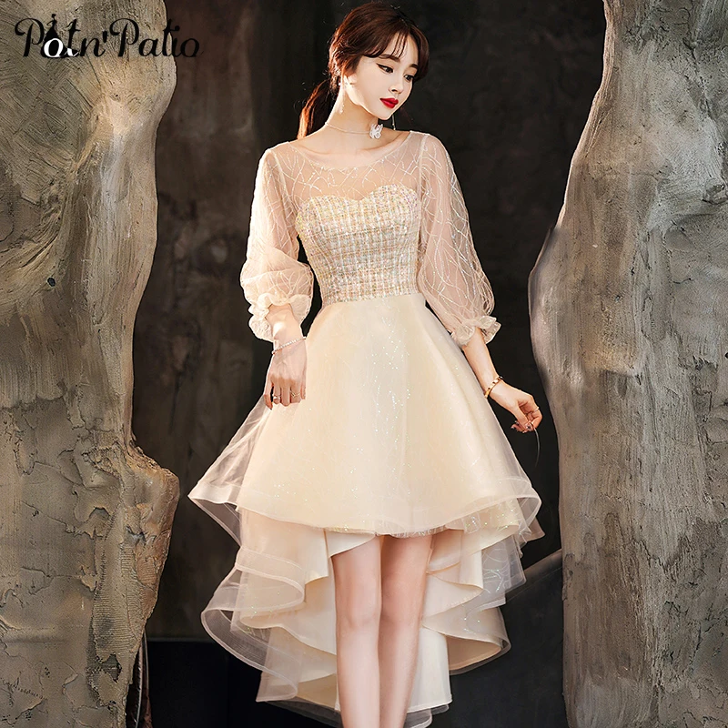 

Champagne Lace High Low Birthday Party Gowns Elegant O-Neck Short Front Long Back Tulle Wedding Party Dresses With Sleeves