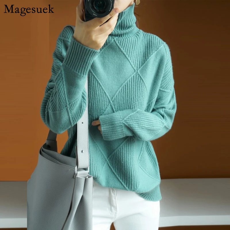 

Solid Color Knitted Pullover Cashmere Sweater Women Turtleneck Sweater 100% Pure Wool Loose Large Size Sweater Pull Femme 17731