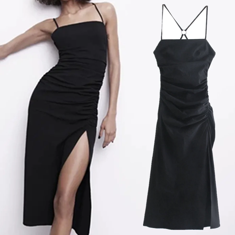

Maxdutti Dress Women England Syle Fashion Sexy Party Vestidos Spaghetti Strapless Black Hollow Dresses Out In Back Forking Midi