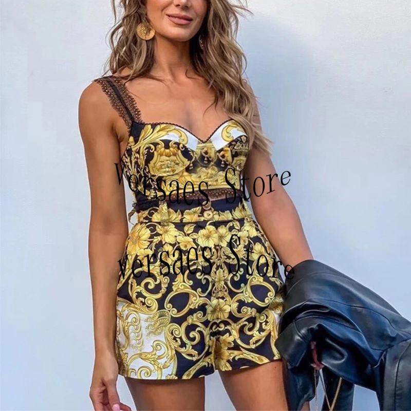 

luxury brand palace style retro printing fashion women's top suspender vest bra + High Waist Shorts wide leg pants 2-piece set