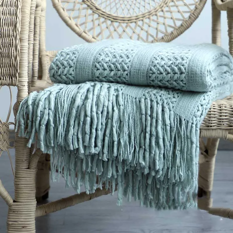 

130x170cm Crochet Fringe Solid Sofa Throw Blanket Nordic tasseled Decorative Blanket light soft Bed Cover