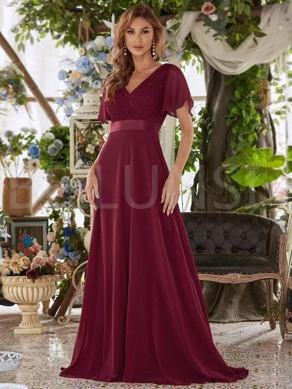 

Burgundy Cheap Bridesmaid Dresses Under 50 A-line V-Neck Short Sleeves Floor Length Chiffon Long Wedding Party Dresses