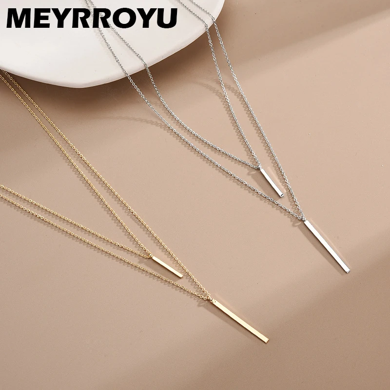 

MEYRROYU 925 Sterling Silver Korean Style Simple Fashion Creative Geometric Rectangle Double Necklace Ladies Couple Jewelry Gift