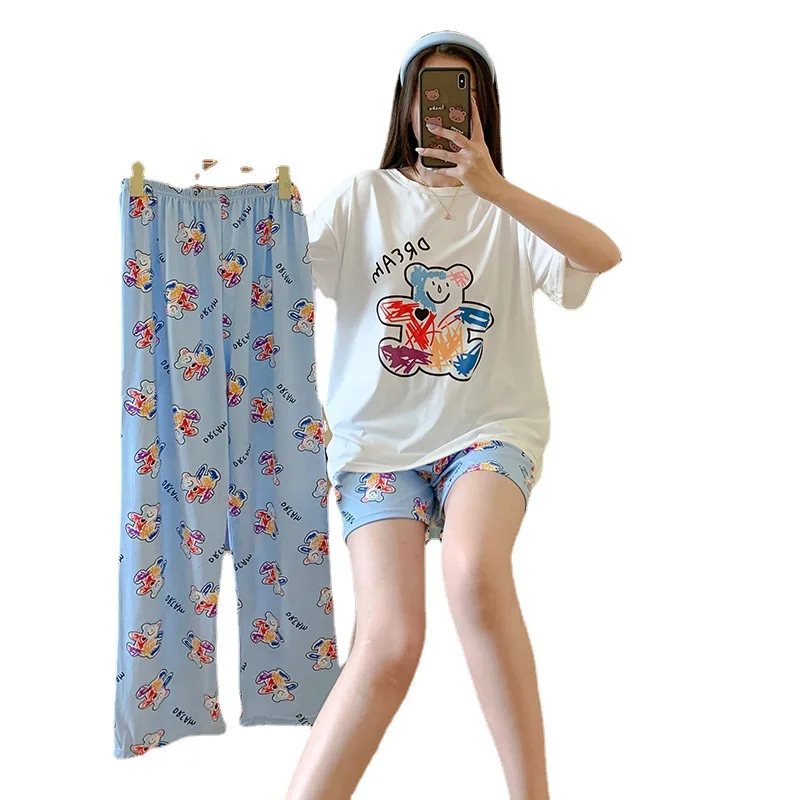 

Summer Pajama Sets Thin Short-sleeved Long Shorts Cartoon Pajamas Women Three-piece Women's Pajamas Home Service Pajamas