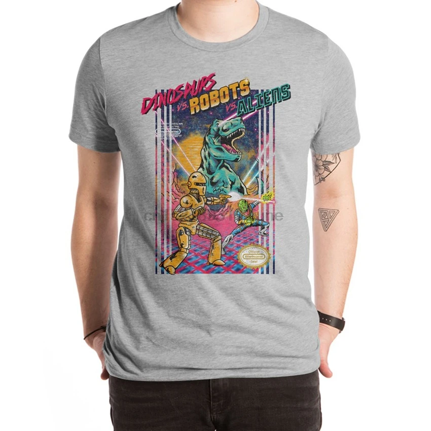 Динозавры против Роботов инопланетян футболка научная фантастика видеоигры