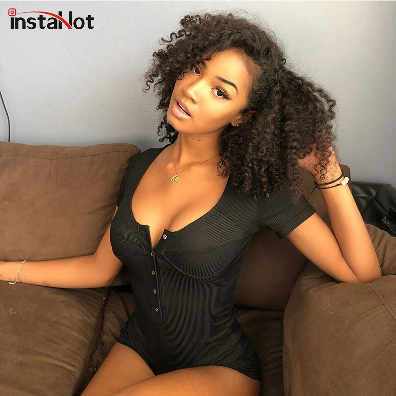 Женское боди с коротким рукавом InstaHot черное облегающее трикотажное повседневное