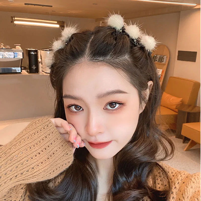 Меховые шарики для волос зажимы женские челки фиксированные заколки зимняя