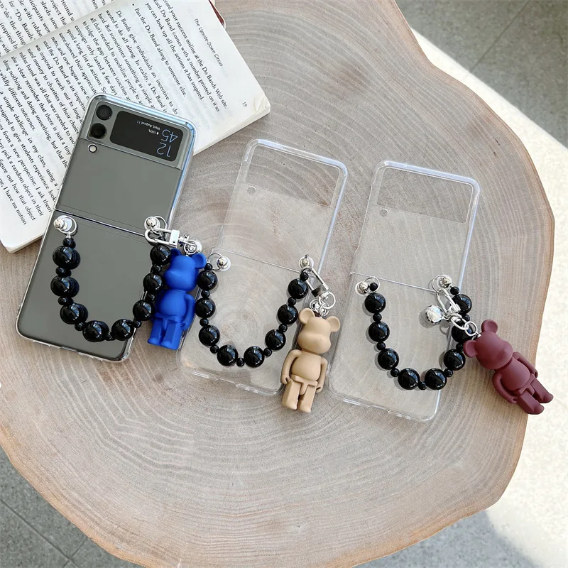 

Fashion Bear Pendant Black Beads Phone Case for Samsung Galaxy Z Flip 3 5G Hard PC Back Cover for ZFlip3 Case Protective Shell