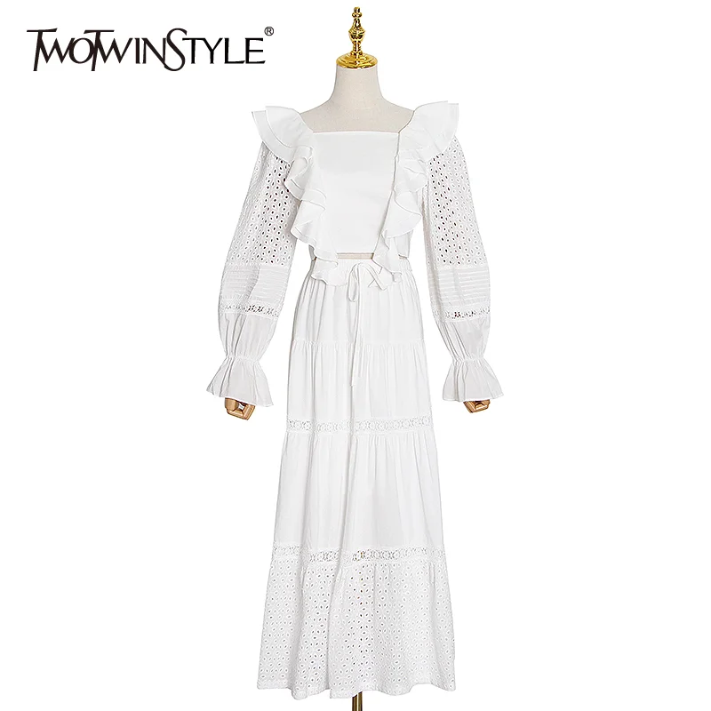 

TWOTWINSTYLE Patchwork Ruffle Lace Women Two Piece Set Square Collar Lantern Sleeve Short Shirt High Waist Skirt Set Female Fall