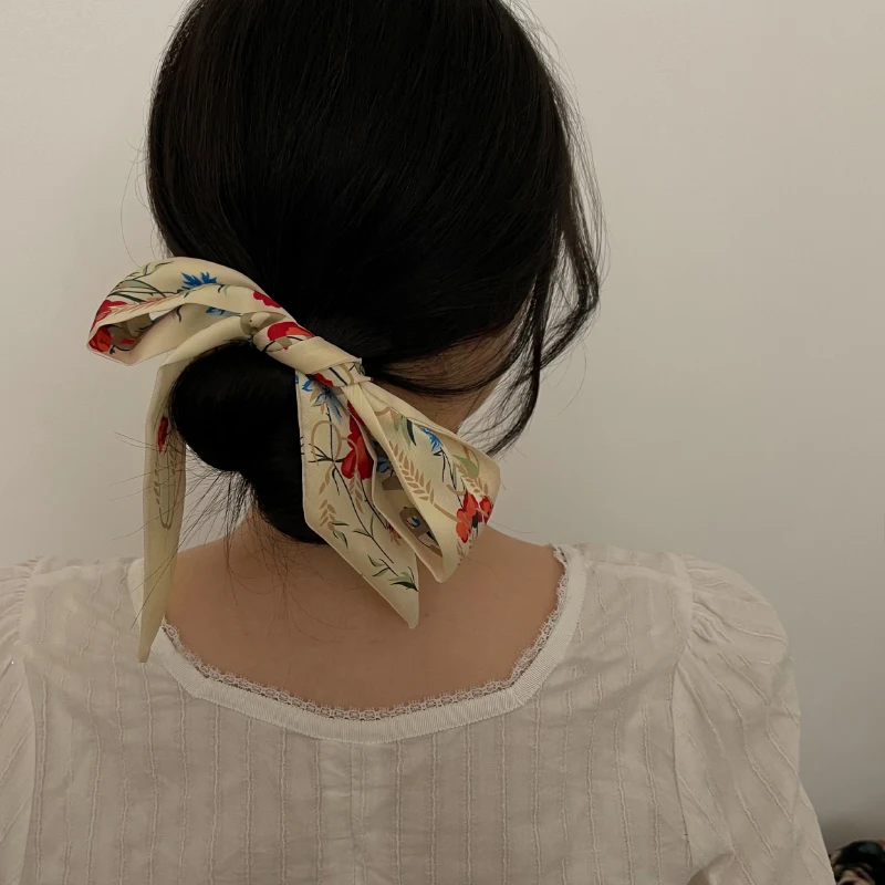 

Designer Brand French Style Hair Ribbon Skinny Scarf 98x6cm Red Blue Flower Silk Feeling Letter Printed Chiffon Girls Headbands