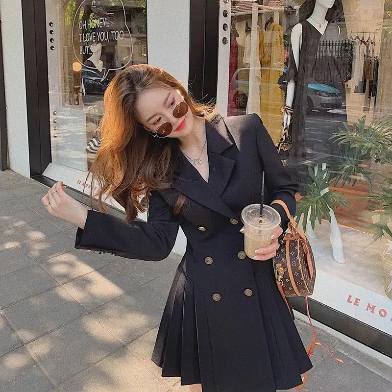 

2022 Women Blazer Tops Double-Breasted Spring Autumn Black Suit Dress Long Sleeves Fashion Elegant Trench Coat Female Coat 4X