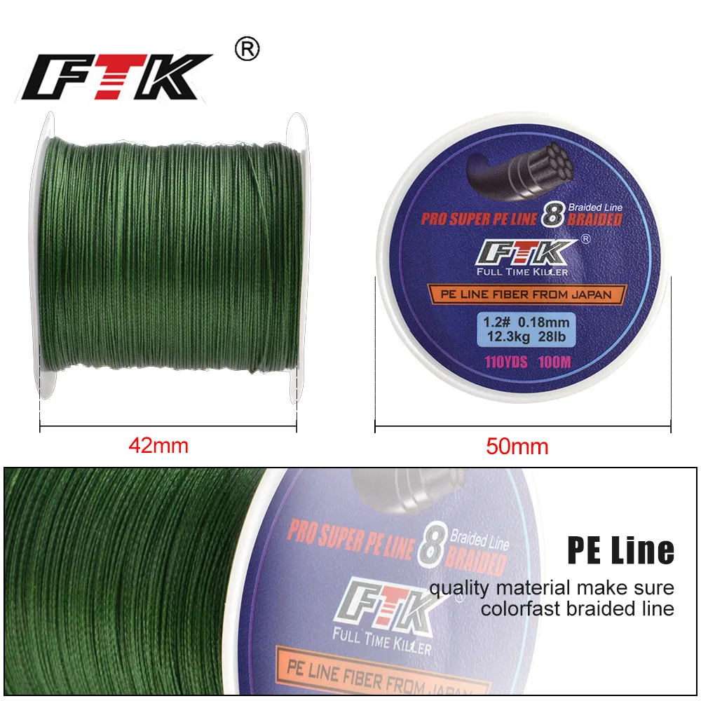 FTK 100 м 8-жильная ПЭ плетеная рыболовная леска 0 16-0 40 мм 25-90lb 10 5-40 3 кг невероятно