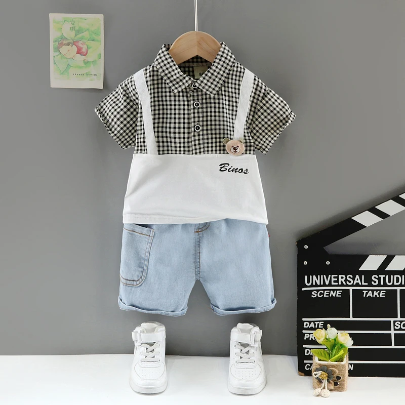 

Summer Fashion Baby Boys Clothes newborn Splicing Tops+Denim Shorts 2pcs Toddle Girls Children Set Kids Clothing Bebe Tracksuits