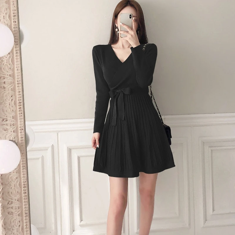 

Autumn Winter Women Sweater Dress Sexy V-Neck Chic Female A-Line Soft Knitted Short Dresses High Elastic Elegant Warm Vestido
