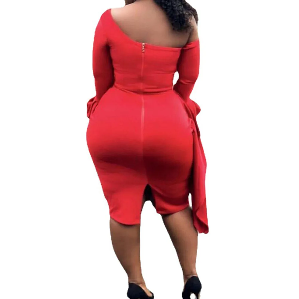 

Western Style Ladies Dresses Spring Autumn Fashion Temperament Oversize African One Shoulder Backless Ruffle Lantern Sleeve 2021