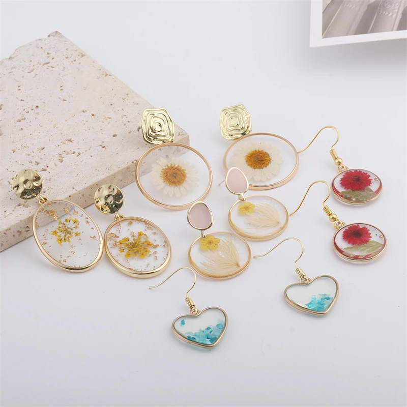 

Elegant Round Heart Flowers Printing Dangle Earrings for Women 2021 New Party Birthday Wedding Christmas Gold Color Drop Earring