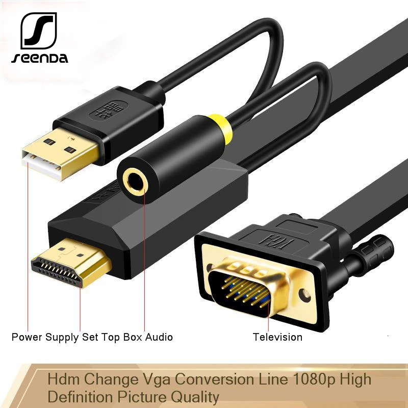Кабель-преобразователь SeenDa VGA в HDMI Переходник штырь-гнездо с поддержкой аудио 1080P