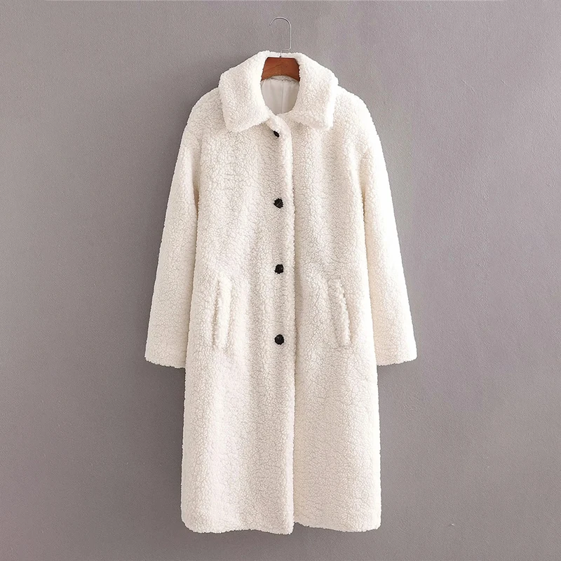 

Merodi Women Winter Fashion Za White Long Hairy Coats Autumn Chic Lady Casual Single Breated Cashmere Warm Loose Outwear Chic