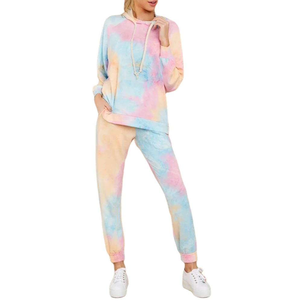 

Women Long Sleeve Drawstring Hooded Sweatshirt Pullover Top Elastic Long Pants Autumn Female Girl Tie-dye Set