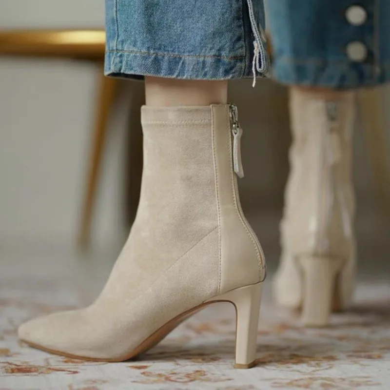 

Новинка, женские эластичные тонкие ботинки средней высоты в Корейском стиле на осень и зиму, женские ботинки-носки с острым носком