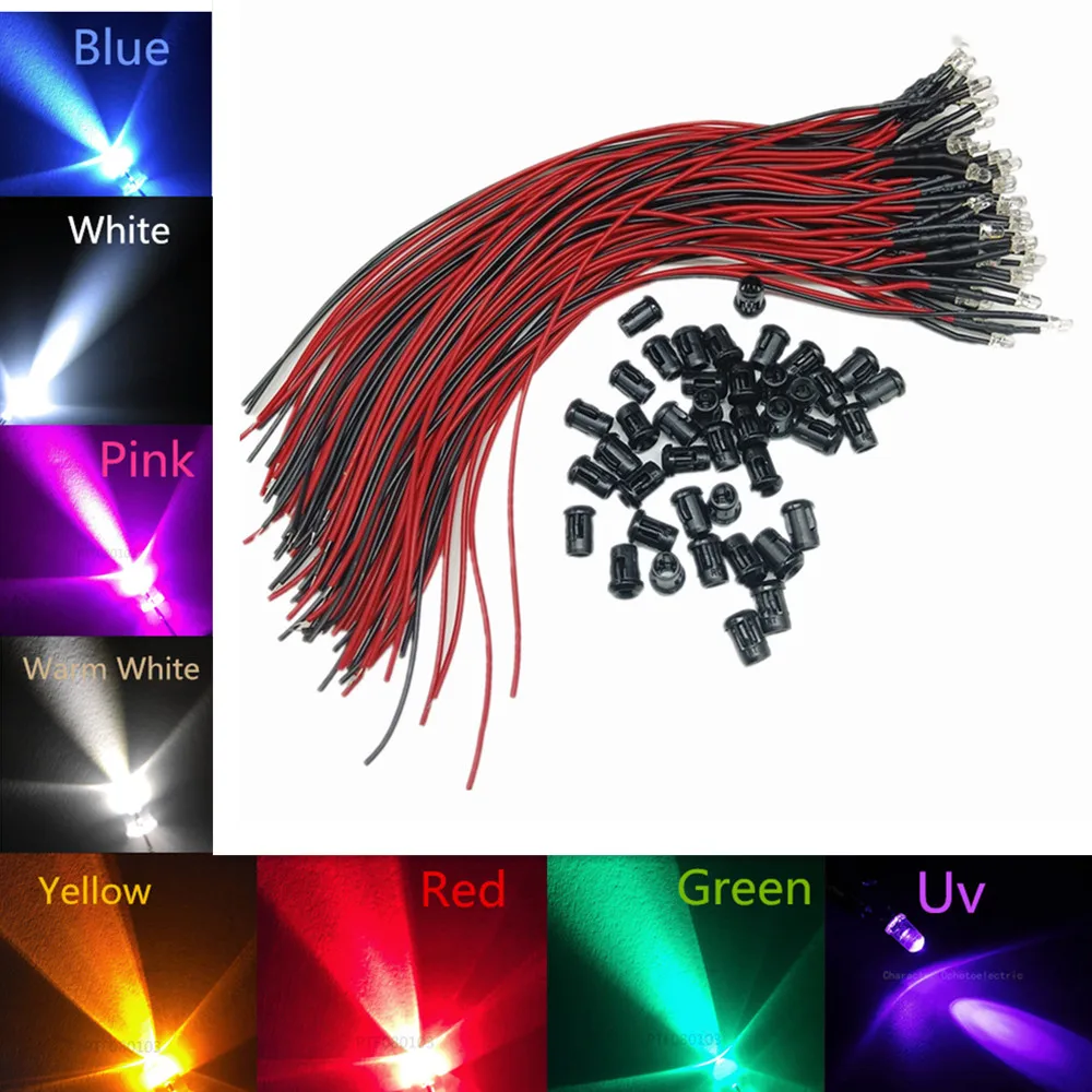 

50-100pcs 3mm/5mm Red/Green/Blue/RGB White UV DC12V Round Pre-Wired Water Clear LED With Plastic Holder
