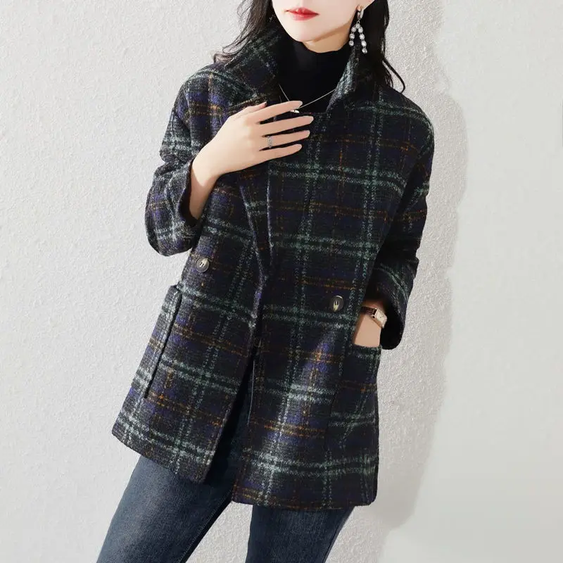 

2021 autumn and winter new fashion Korean version loose and thin temperament leisure foreign style versatile Plaid Wool Coat