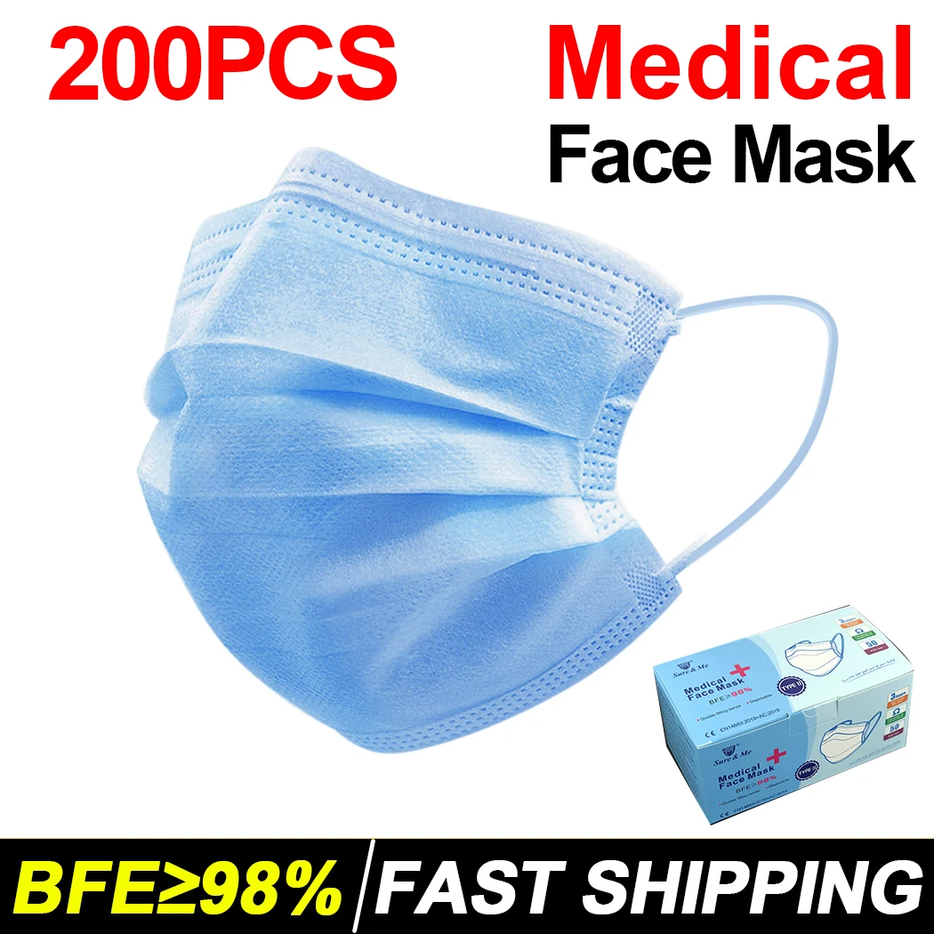 

200PCS Disposable Medical Face Mask Mouth 3 Layer Breathable Protective Mask Anti Dust 98% Filter respirator mascarilla