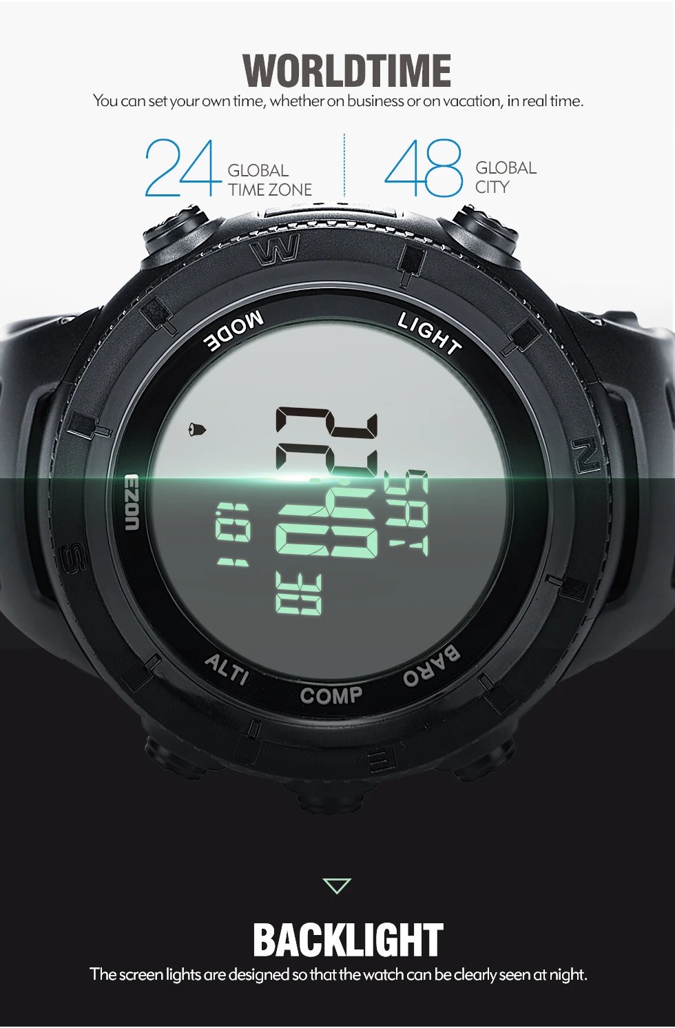 EZON Мужские Цифровые уличные спортивные часы женские многофункциональные высота барометр компас для пешего туризма водонепроницаемый