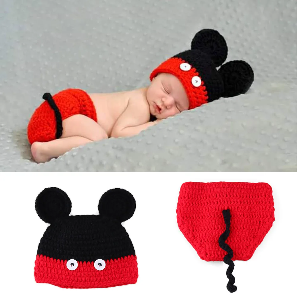 

Newborn Girls Mickey Designs Photography Props Crochet Baby Cartoon Hat Diaper Set Knitted BABY Coming Home Outfits MZS-14106